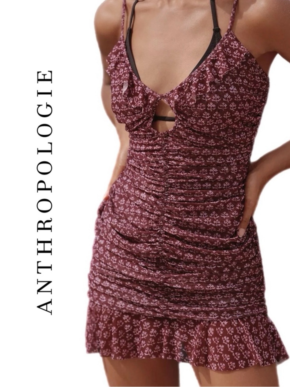 Anthropologie Celandine V-Neck Ruched Sheer Mini Dress